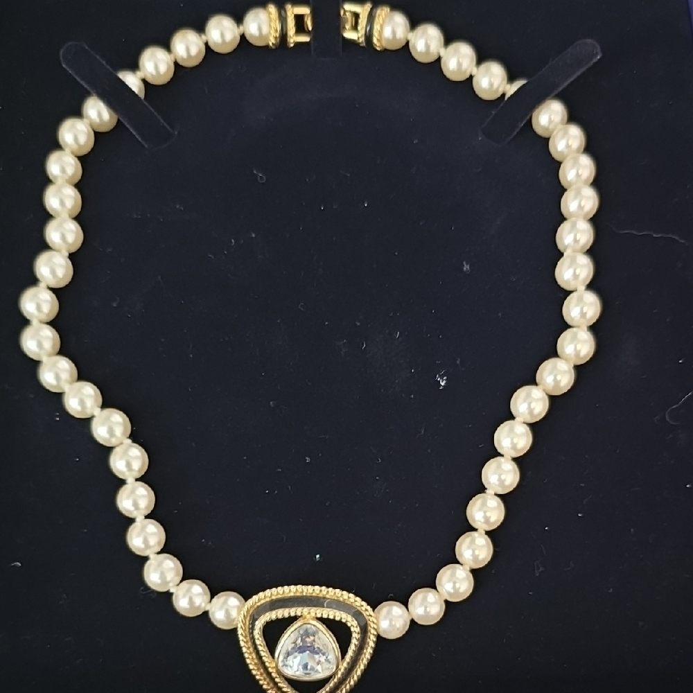Swarovski Swan Faux Pearl Black Enamel Crystal Necklace